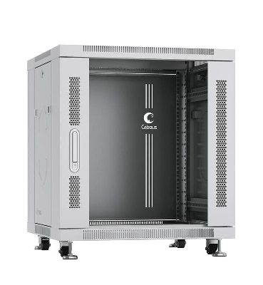 Шкаф монтажный телекоммуникационный напольный SH-05C-12U60/60 19дюйм для распред. и серверн. оборудования 12U 600х600х730мм передн. стеклян. и задн. сплошн. метал. двери ручка с замком сер. (RAL 7035) Cabeus 7645c