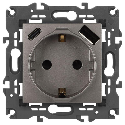 Розетка Elegance 14-4108-16 16A 250В 2P+E защ. шторки с USB type-A+C 3А 5В титан Эра Б0067695