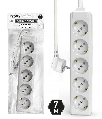 Удлинитель 5х7м с заземл. 10А 3х1.5 TOKOV LIGHT TKL-C01-BU5-7-1.5-Z