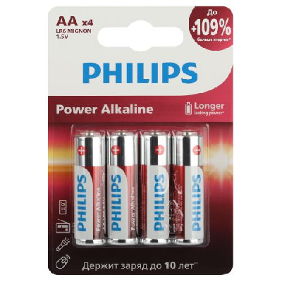 Элемент питания алкалиновый AA/LR6 1.5В Power (блист.4шт) LR6P4B/51 Philips Б0062746
