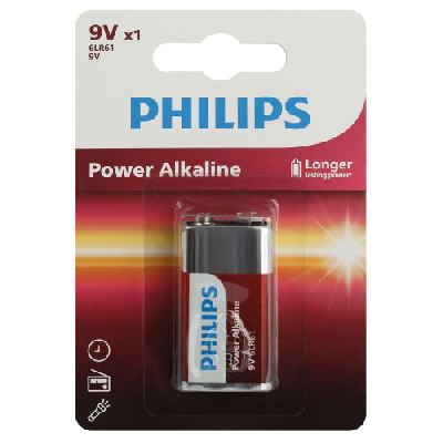 Элемент питания алкалиновый "крона" 6LR61 9В Power (блист.1шт) 6LR61P1B/51 Philips Б0062717