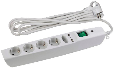 Удлинитель с сетевым фильтром 5х2м с заземл. 10А IP20 U-5es-2m-W 2хUSB ПВС 3х0.75 с выкл. защ. шторки бел. Эра C0043327