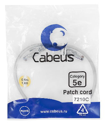 Патч-корд U/UTP кат.5E PC-UTP-RJ45-Cat.5e-0.5m 2xRJ45/8p8c неэкранир. PVC 0.5м сер. Cabeus 7210c
